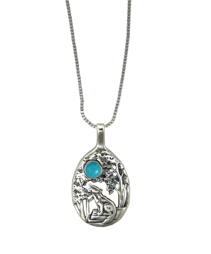 Sterling Silver Howling Wolf Pendant With Turquoise